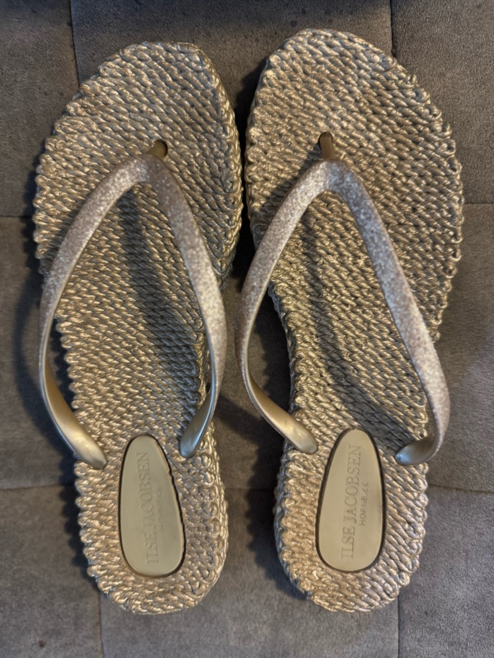 Ilse Jacobsen Metallic Beige Woven Flip Flop Sandals with sparkly straps